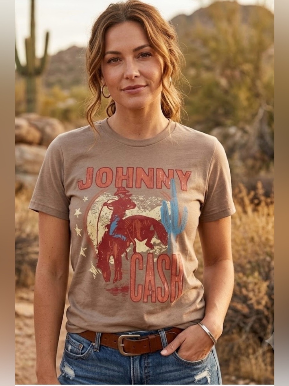 Johnny Cash T Shirt Women Brown Western Cowboy Graphic Tee Size S/M